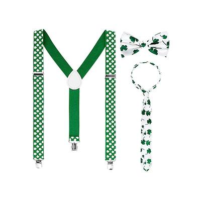 set di accessori per il giorno di San Patrizio: bretelle a forma di trifoglio, papillon e cravatta per uomo, motivo festoso a trifoglio verde per feste, sfilate e celebrazioni