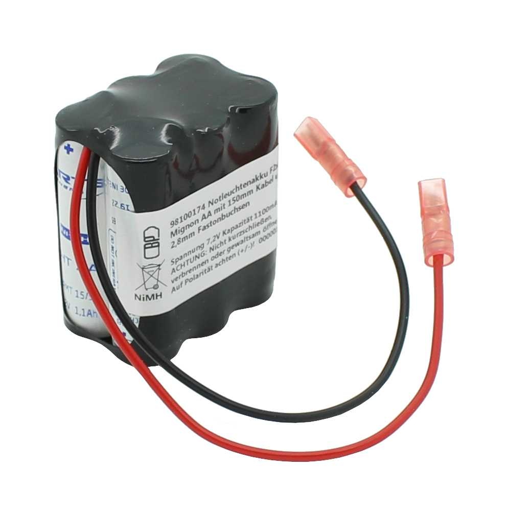AccuCell Notleuchtenakku NiMH 7,2V 1100mAh F2x3 Mignon AA mit 150mm Kabel und 2,8mm Fastonbuchsen Image