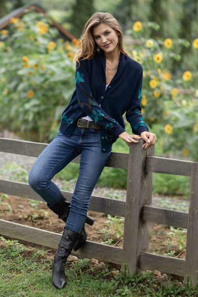 'Peacock and Floral-Themed Intarsia Knit 100% Alpaca Cardigan'