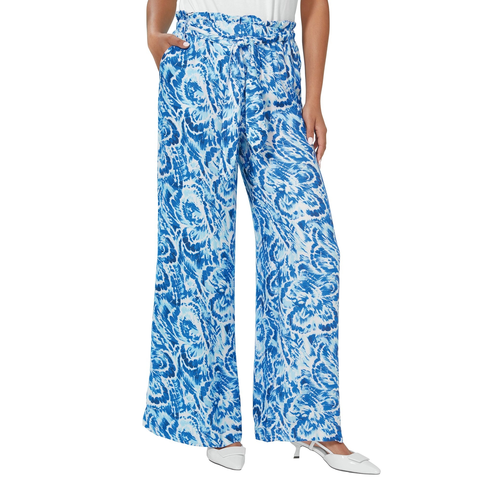 Masseys Tie-Waist Wide-Leg Pant (Size L) Blue White Abstract, Viscose