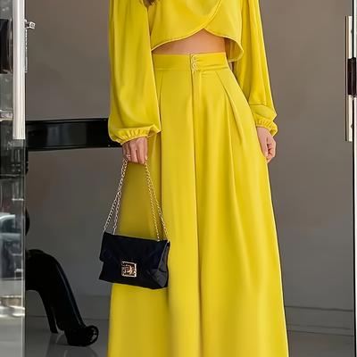 TEMU 1 Set Women' Color Lantern Sleeve Pantsuit, Polyester, Regular Fit H-line, Button Detail, Stand Collar, Pullover Top, Trousers - All Image