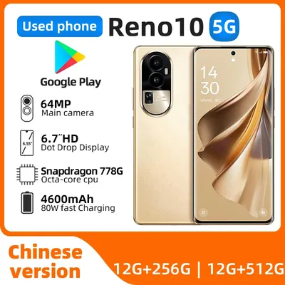 OPPO Reno 10 5G 6.7inch OLED Snapdragon778G Cell Phone 80W SuperVOOC 4600Mah Battery NFC 64MP Camera used phone