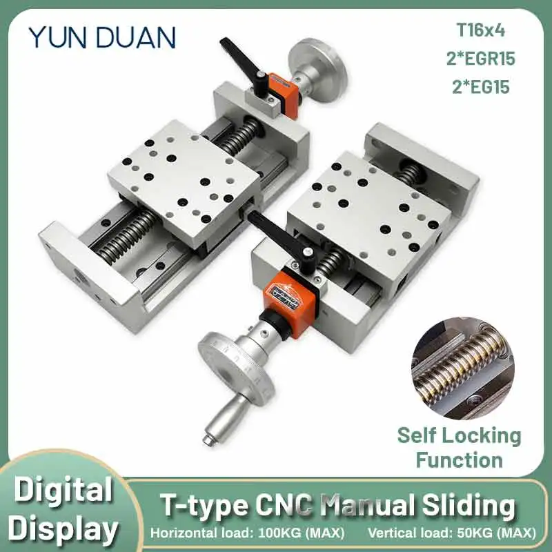 Manueller T-Typ-Schiebetisch mit Digitalanzeige, 100 mm breite Kugelumlaufspindel, doppelte Linearschiene, Stufe 100 kg Last, Z-Achse, 2 x EGR15-Schiene