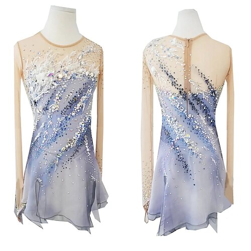 Eiskunstlaufkleid Damen Mädchen Eislaufen Kleider GrauWeiß Daumenloch Halo-Färbung Hochelastisch Professionell Wettbewerb Eiskunstlaufkleidung warm Kristalle Langarm Eislaufen Eiskundstlauf Image