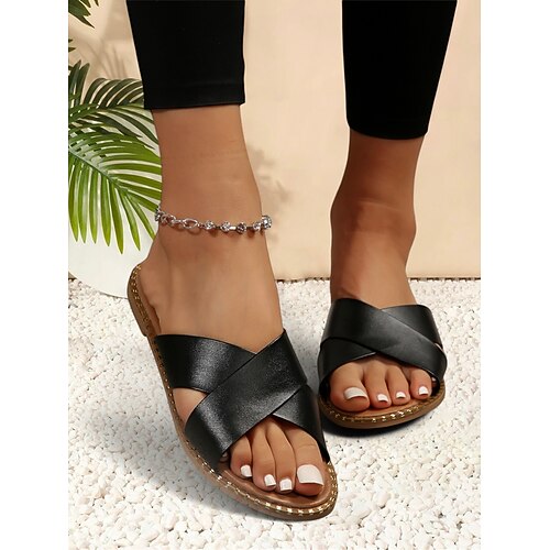 schwarze flache Slide-Sandalen mit Kreuzriemen für Damen - lässige Sommer-Slipper mit bequemer Sohle Image