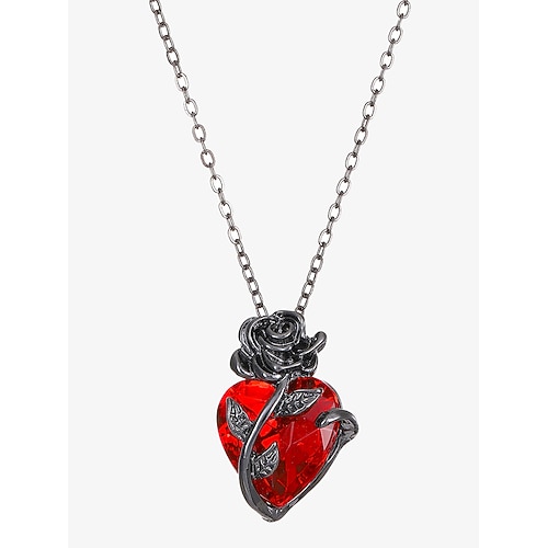 Damenhalskette mit rotem Herzanhänger und schwarzem Rosendesign – romantischer Gothic-Schmuck für den Valentinstag, Partys und besondere Anlässe Image
