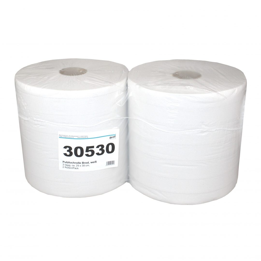 Putztuchrolle Brod 1000, weiß, 100 % Recycling, 2-lagig, ca. 29x36.5 cm, perforiert, 915 Blatt, 2 Rollen im Folienpack Image