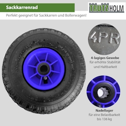 Baumarktplus Sackkarrenrad Luftrad 260x85 mm 3.00-4 75 mm zentrierte Nabe Ø 20 mm blau robustes 4 PR Gewebe Image