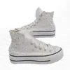 Handgefertigte, dicke Sohlen, weiße Perlen-Strasssteine, Hochzeit, Party, Bankett, große Segeltuchschuhe, High-Top, lässige Damenschuhe, Größe 35–40
