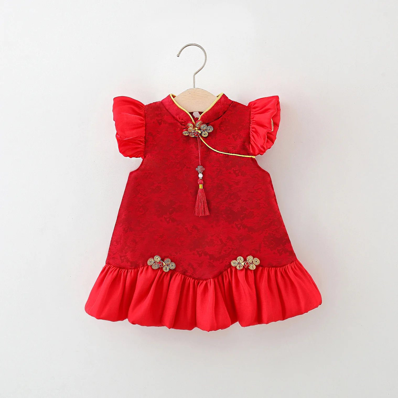Sommer Neues chinesisches Baby-Mädchen-Kleid im Retro-Stil, rotes Frühlingsfest-Party-Kinderkleidung kommt mit Anhänger (0–3 Jahre) Image