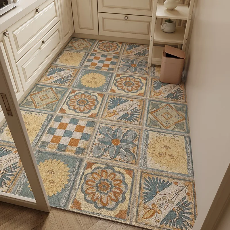 Kitchen Floor Mat Non-slip Waterproof Oil-proof Carpet PVC Leather Wipeable Foot Mats American Retro Large Size Home rugs 주방 카펫