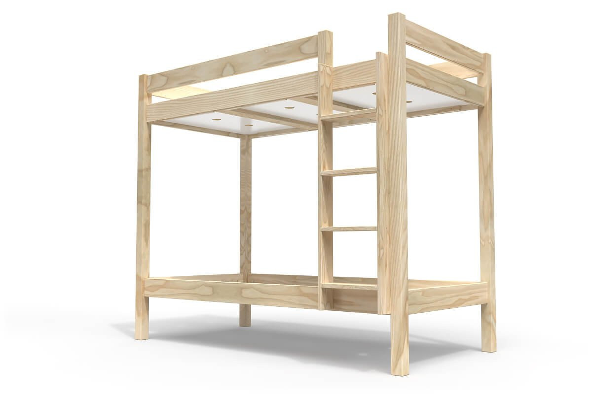 Lit superposé 2 places 90x190 échelle droite bois ABC - Brut (sans vernis)