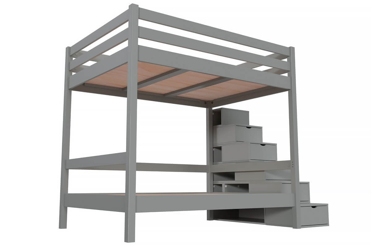 Lit superposé 140x200 double + escalier rangement Sylvia - Gris