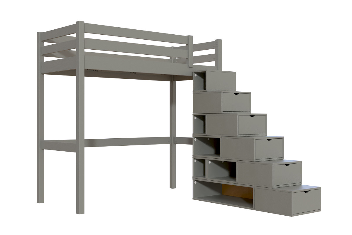 Lit mezzanine bois 90x200 Sylvia avec escalier cube - Gris
