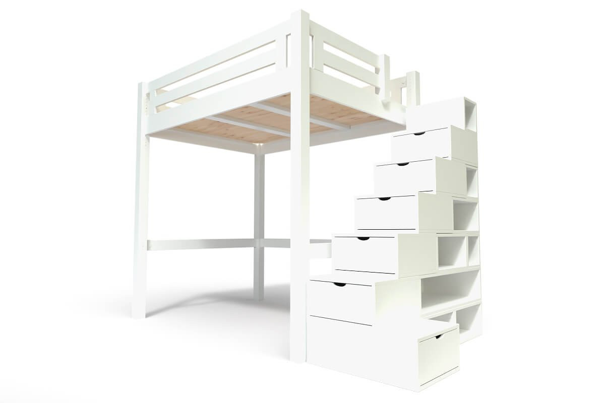 Lit Mezzanine adulte bois 120x200 Alpage hauteur réglable + escalier cube - Blanc