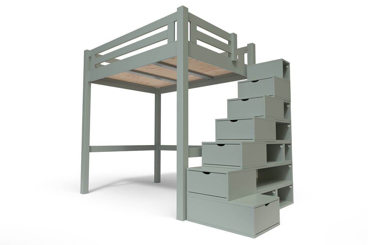 Lit Mezzanine adulte bois 160x200 Alpage hauteur réglable + escalier cube - Gris
