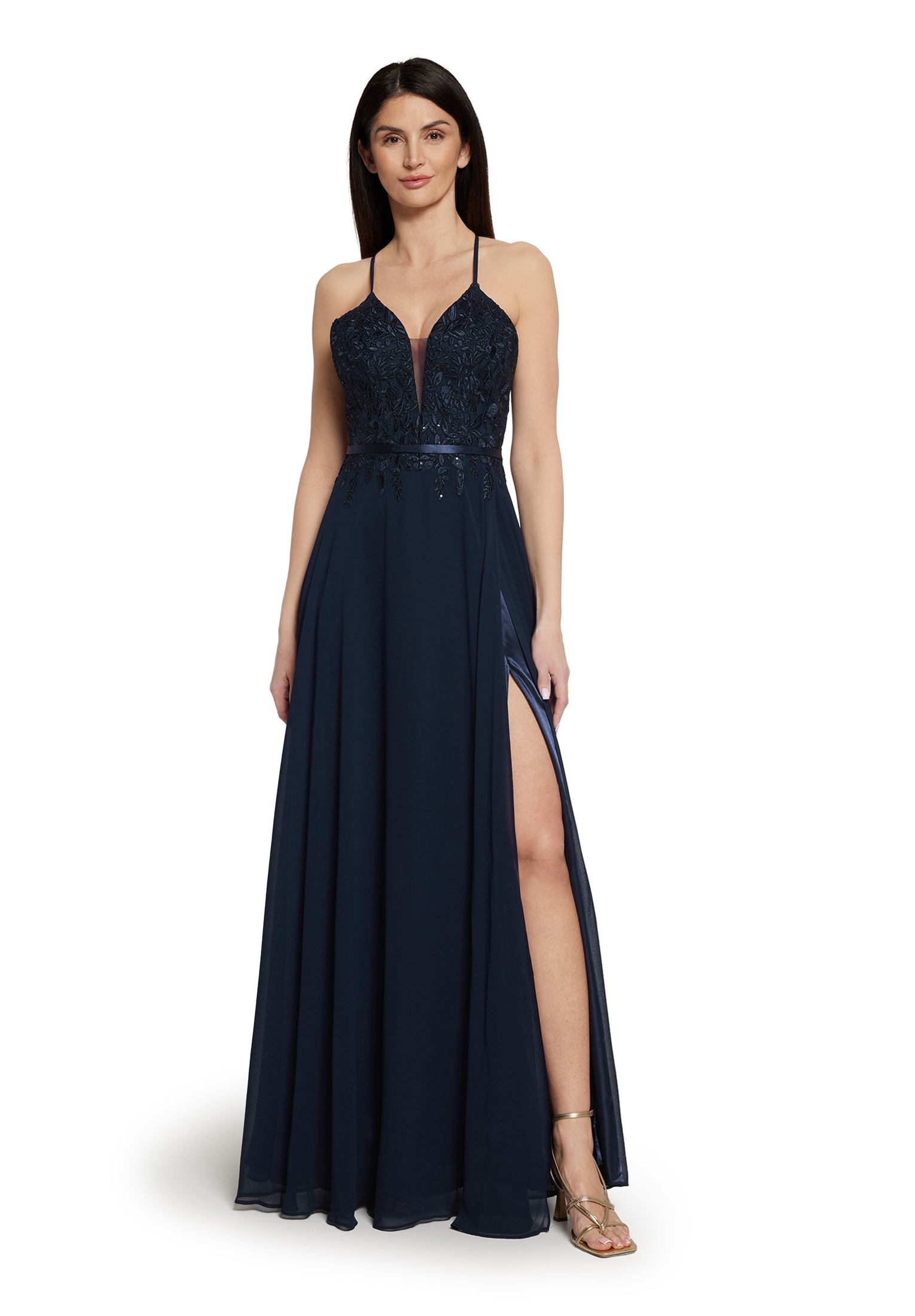 Abendkleid VERA MONT "Damen Abendkleid mit Stickerei", Damen, Gr. 44, Normalgrößen, blau (night sky), Obermaterial: 100% Polyester. Besatz: 100% Polyamid. Futter: 100% Polyester., festlich, tailliert lang, V-Ausschnitt, Kleider, Stickerei Image