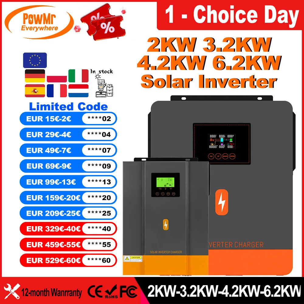 PowMr 6,2 kW/4,2 kW/3,2 kW/2 kW/2 kW Hybrid-Solarwechselrichter 48 V 24 V 12 V 220 VAC Photovoltaik reine Sinuswelle MPPT 120 A 80 A Solarregler Image