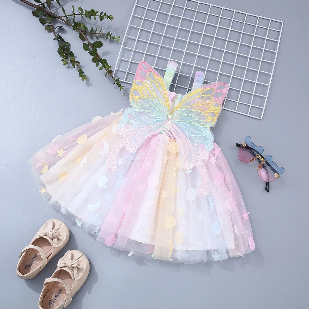Sommer Neue Baby Mädchen Kleid Mädchen Strap Bunte Mesh Schmetterling Flügel Strand Geburtstag Party Prinzessin Kleid 0-3 Jahre Image
