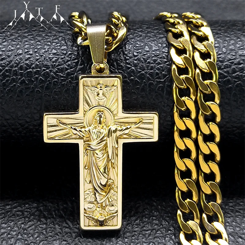Edelstahl Kreuz Jesus Anhänger Halskette für Männer Gold Farbe Hip Hop Kubanische Kette Religiöse Kruzifix Halsketten Schmuck NZZ470S Image