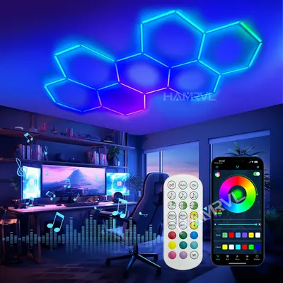 RGB Hexagon LED Garage Light Ceiling Honeycomb Panel Lamp Car ShopRepair Wash Workshop Bar Lamp Game Gaming room With Remote