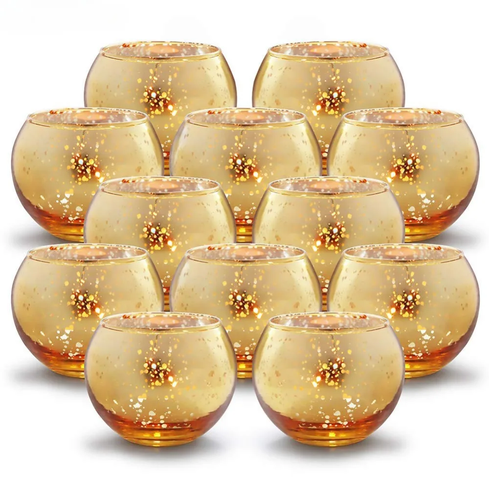 6/12 Stück runde goldene Votivkerzenhalter aus Quecksilberglas für Hochzeitsdekoration, Tischdekoration, Party, Heimdekoration Image