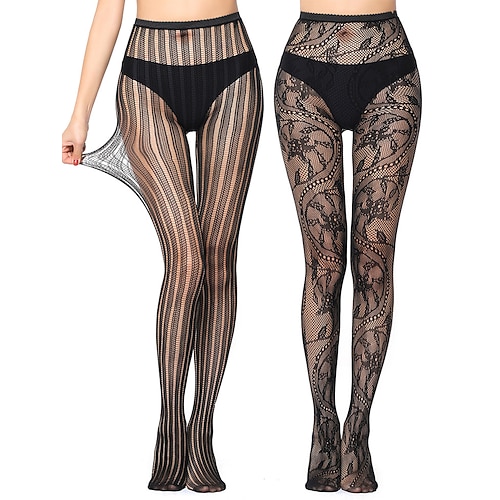 2er-Set Netzstrumpfhose mit Spitzenmuster für Damen – transparente Strumpfhose mit Chevron- und Blumenmuster für Party, Clubwear und Mode Image