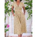 Damen Arbeitskleid Freizeitkleid A-Linie Kleid Elegant Büro Alltag Arbeitsmode Midikleid Tasche V-Ausschnitt Kurzarm Blumenmuster Normale Passform Gelb Rot Blau Sommer Frühling S M L XL 2XL