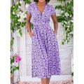 Damen Arbeitskleid Freizeitkleid A-Linie Kleid Elegant Büro Alltag Arbeitsmode Midikleid Tasche V-Ausschnitt Kurzarm Blumenmuster Normale Passform Gelb Rot Blau Sommer Frühling S M L XL 2XL