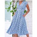 Damen Arbeitskleid Freizeitkleid A-Linie Kleid Elegant Büro Alltag Arbeitsmode Midikleid Tasche V-Ausschnitt Kurzarm Blumenmuster Normale Passform Gelb Rot Blau Sommer Frühling S M L XL 2XL