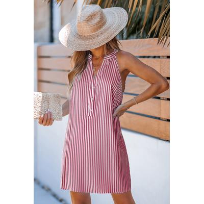 Red Stripe Notched Neck Mini Dress