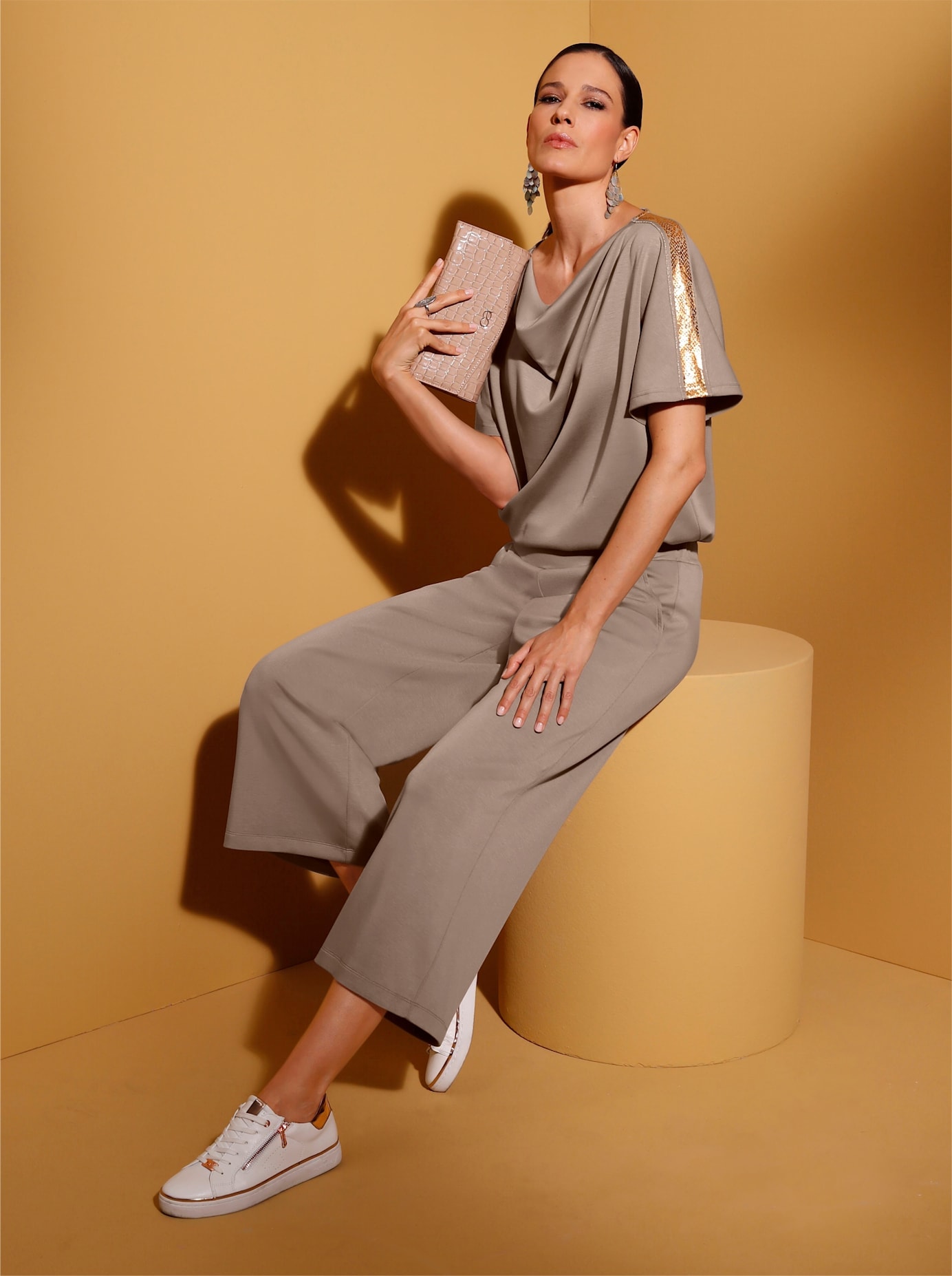 Sweatshirt CREATION L, Damen, Gr. 50, rosa (taupe, bronzefarben, bedruckt), 50% Modal, 44% Polyester, 6% Elasthan, gemustert, unifarben, Wasserfallausschnitt, Sweatshirts Sweatshirt