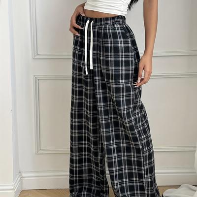TEMU Women's Casual Drawstring Straight-leg Pants - Loose Fit, High-waisted Tapered Leggings For Spring & Fall, Black And White Checkered Pattern, Comfortable Fashion, Cute Pants Image