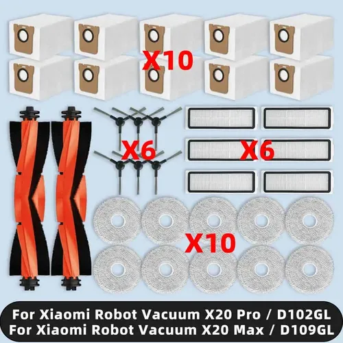 Pièces de rechange pour Xiaomi Robot Vacuum X20 Pro / X20 Max / D102GL / D109GL brosse latérale principale, filtre Hepa, vadrouille, gril, sac à poussière, accessoires