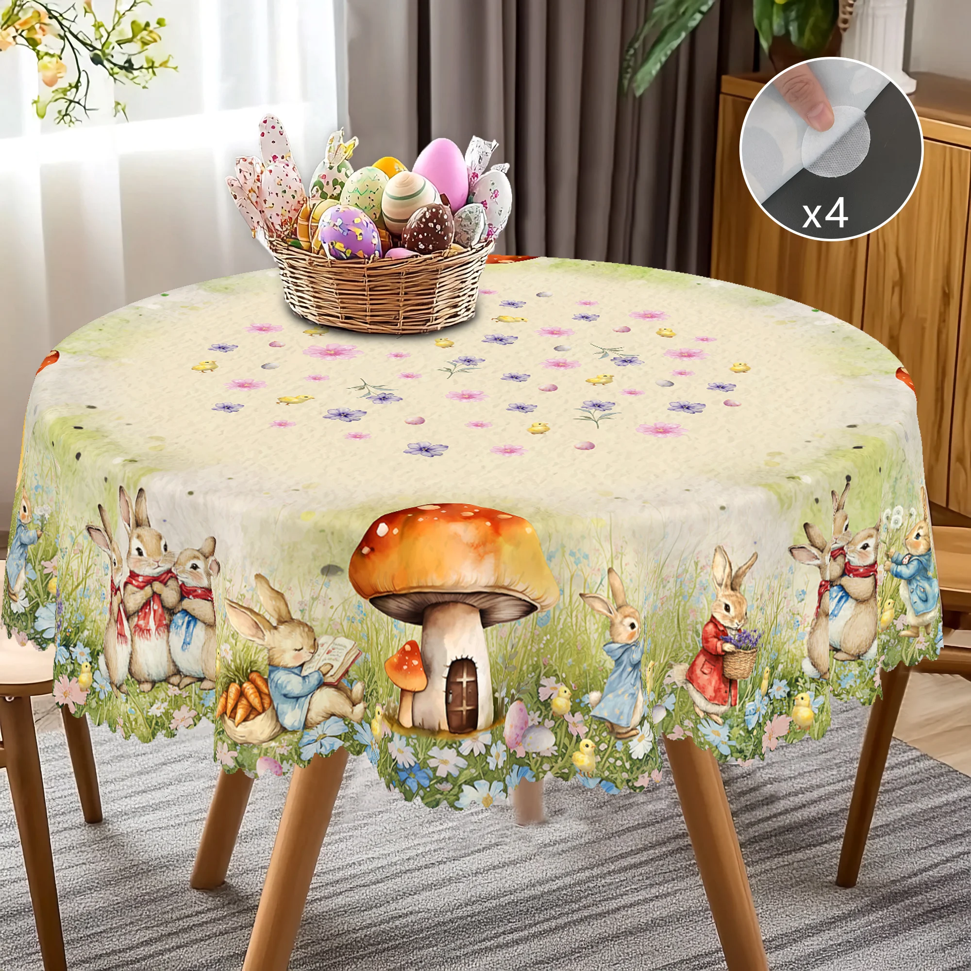 1 runde Oster-Tischdecke, 5 Größen erhältlich, quadratische Tischdecke mit Osterhasen-Pilz-Aufdruck, Kantenprägeverfahren, Osterdekoration, Frühlingsgarten-Tischdecke, Dekoration, Tischdecke für die Image