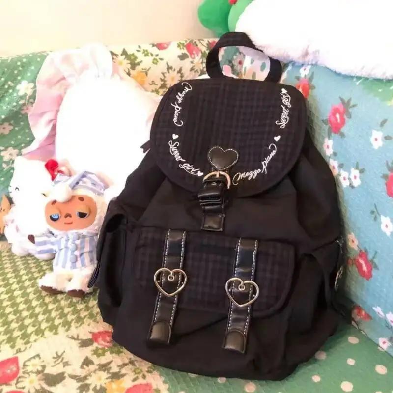 Neue jean Koreanischen Stil Schwarz Rucksäcke Kordelzug Casual Studenten Tasche Chic Große Kapazität Einkaufstasche Herz Y2k Plaid Rucksack Mädchen