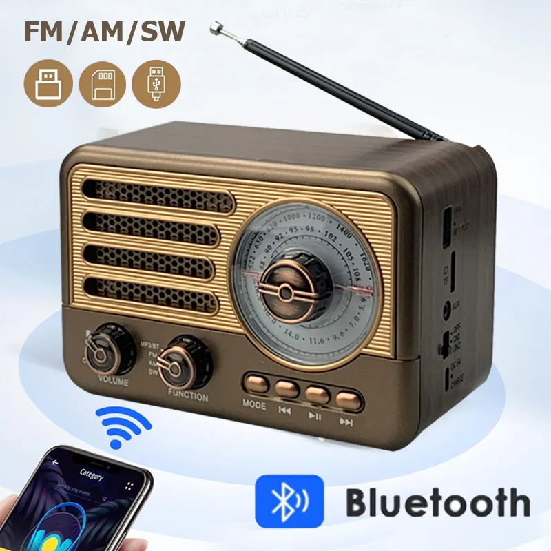  Retro Vintage Radio Tragbarer Bluetooth-Lautsprecher Vollbandradio AM FM SW Transistor mit LED-Flashlight Unterstützung AUX TF-Karte USB