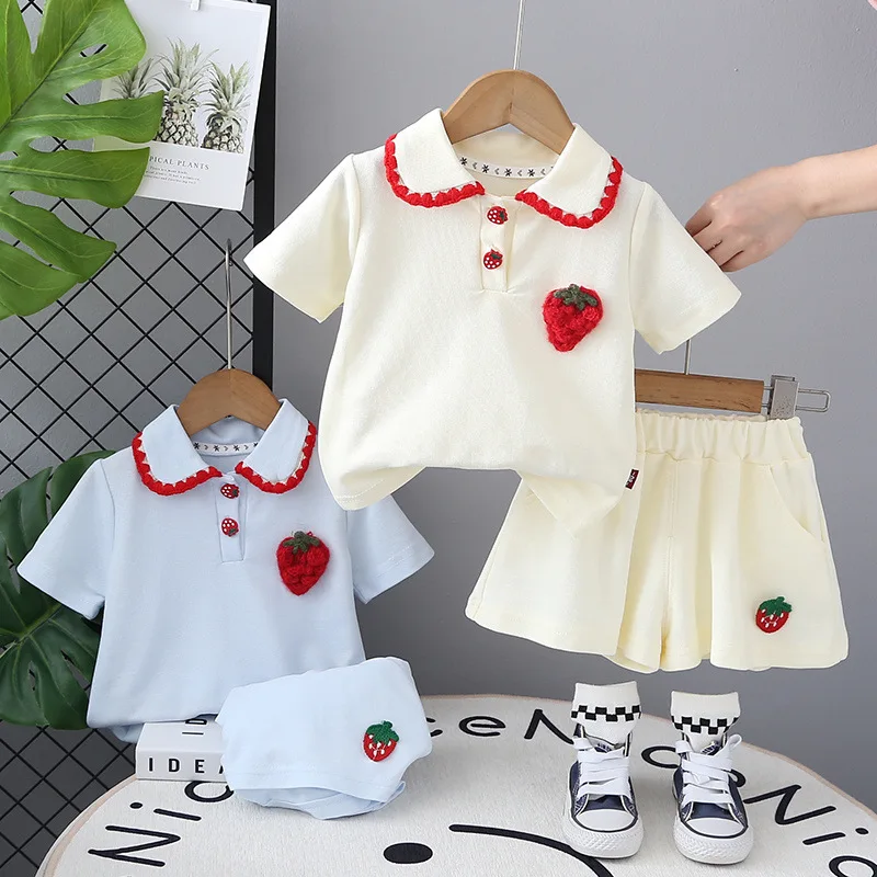 MILANCEL Neue Sommer Kinder Kleidung Set Mädchen Nette Erdbeere Polo-Shirt + Shorts Kinder Puppe Kragen Outwear 2PCS Image