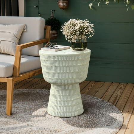 LuxenHome Outdoor Side Table 15 Off White Round Spiral Pattern Accent End Table Indoor Outdoor Coffee Tables for Patio Living Room Backyard Garden Stool and Plant Stand