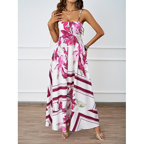 Damen Maxidress Casual kleid Boho Chic Kleider Böhmen Kuschelig Stilvoll Urlaub Täglich Strand Lockere Passform Blumen Geometrisch Ärmellos Gurt Blau Fuchsie Sommer Image