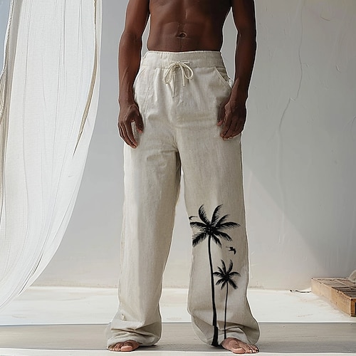 Herren Kokospalme Tropische Pflanzen Leinenhosen Hose Baggy-Hosen Mittlere Taille Hawaiianisch Lässig Urlaub Streetwear Strandbekleidung Kordelzug Elastischer Bund Weites Bein Grafikdruck Beige Image