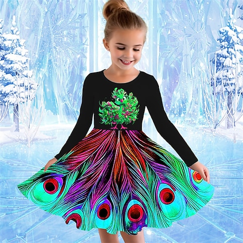 Mädchen' 3D Graphic Tier Pfau Kleid Langarm Sommer Frühling Urlaub Täglich Festtage Prinzessin Schön Süß kinderkleidung 4-12 Jahre Casual kleid A Linie Kleid Knielang Regular Fit Image