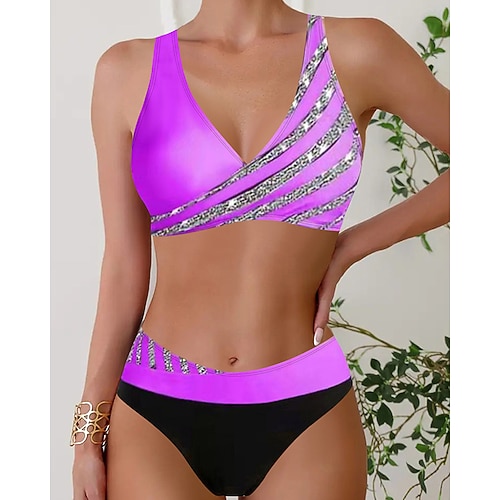 Damen Tankini Bikini, Zweiteiler V-Ausschnitt Bademode Streifen Badeanzug Schwarz Wein Atmungsaktiv Schnelltrocknend Leichtgewichtig Ärmellos - Schwimmen Surfen Strand Sommer Frühling Image
