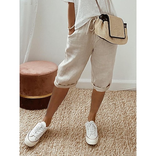 Damen EU- / US-Größe Baumwoll Mischung Baggy-Hosen Urlaub Alltagstauglich Knielang Natürliche Taille Einfach Einfache Einfarbig Kordelzug Tasche Baggy Bequem Unelastisch Lässig Alltagskleidung Image