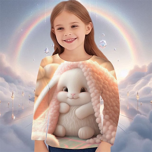 Ostern Mädchen 3D Grafik Tiermotiv Kaninchen T-Shirt Langarm Frühling Herbst Mode Basic Kinder 4-12 Jahre Rundhalsausschnitt Outdoor Lässig Täglich Normale Passform Image