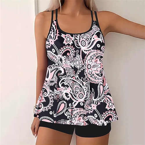 Damen Tankini Bikini, Zweiteiler Bademode Badeanzug Schwarz Weiß Atmungsaktiv Schnelltrocknend Leichtgewichtig Ärmellos - Schwimmen Surfen Strand Sommer Frühling Übergröße Image
