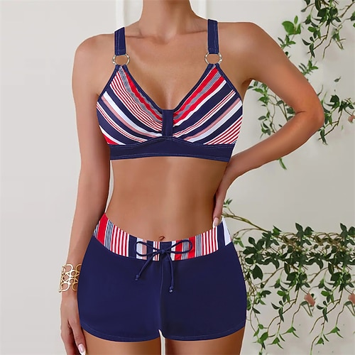 Damen Tankini Bikini, Zweiteiler V-Ausschnitt Offener Rücken Bademode Badeanzug Blau Schwarz Schnelltrocknend Leicht Atmungsaktiv Ärmellos - Surfen Strand Schwimmen Sommer Frühling Image
