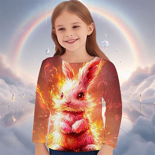Ostern Mädchen 3D Grafik Tiermotiv Kaninchen T-Shirt Langarm Frühling Herbst Mode Basic Kinder 4-12 Jahre Rundhalsausschnitt Outdoor Lässig Täglich Normale Passform Image