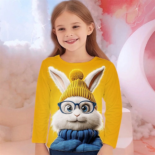 Ostern Mädchen 3D Grafik Tiermotiv Kaninchen T-Shirt Langarm Frühling Herbst Mode Basic Kinder 4-12 Jahre Rundhalsausschnitt Outdoor Lässig Täglich Normale Passform Image