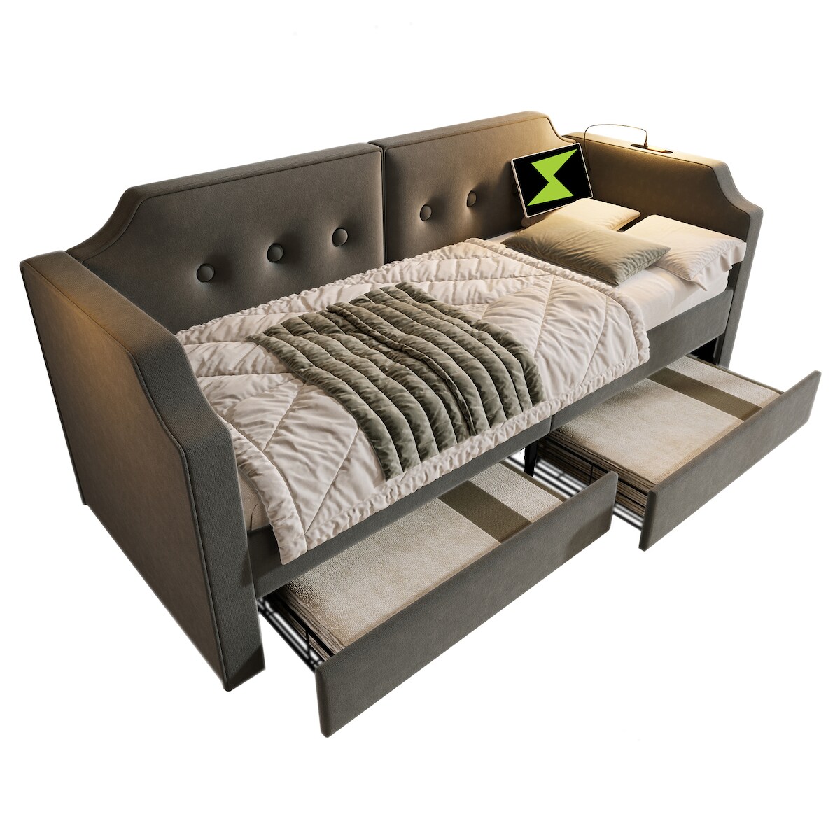 Merax Daybett Polsterbett Schlafsofa 90x200cm 2 Schubladen/ Leselicht/ Ladefunktion, Grau Image